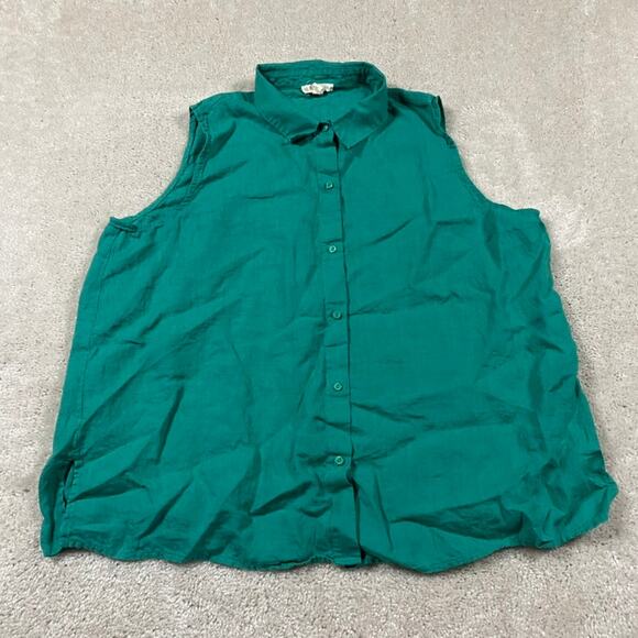 Eileen Fisher Shirt Womens L Green Linen Button Front Sleeveless Top Preppy Work - Picture 1 of 7
